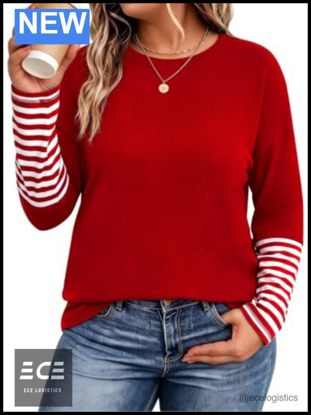 Plus Size Striped Long Sleeve Tunic Top Crew Neck Drop Shoulder